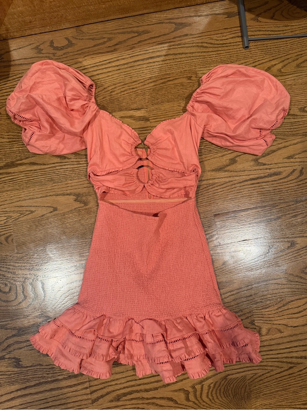 V. Chapman Coral puff sleeve dress.